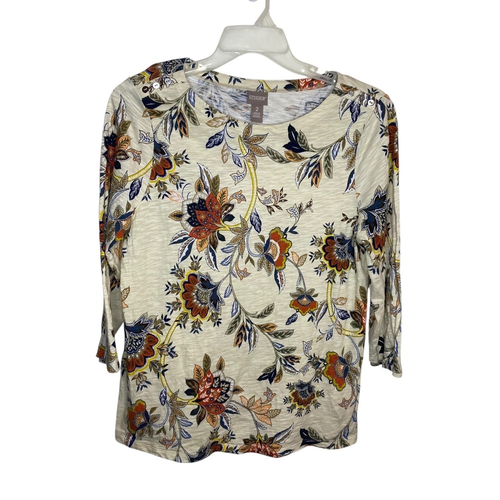 Chicos Women Beige Floral Paisley 3/4 Sleeve Top Blouse Size 2
